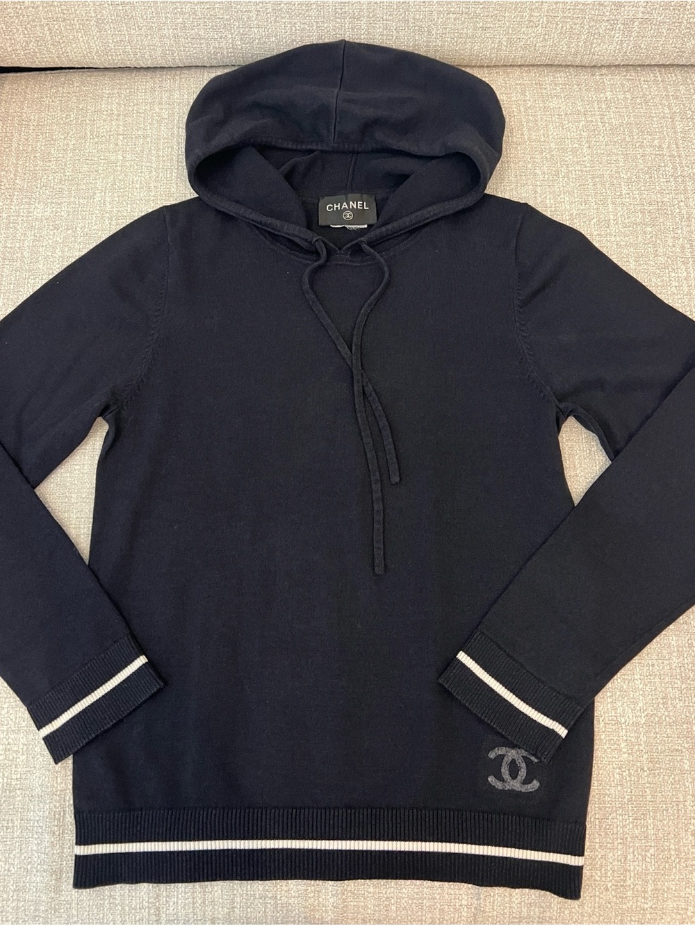 CHANEL CC Logo Navy Crewneck Hoodie Wool/Cotton Sweater